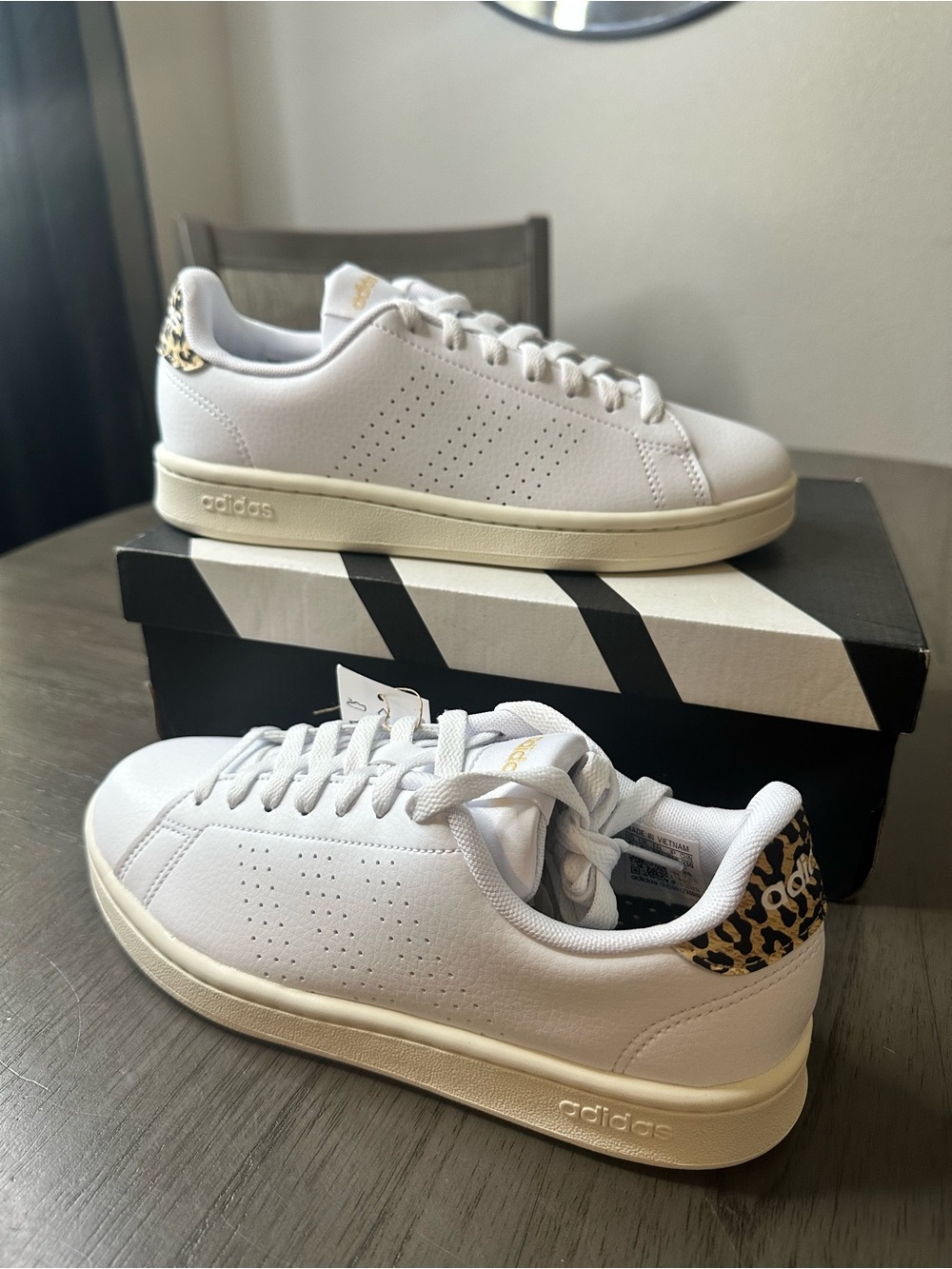adidas White Leather Sneakers with Leopard Heel Accent